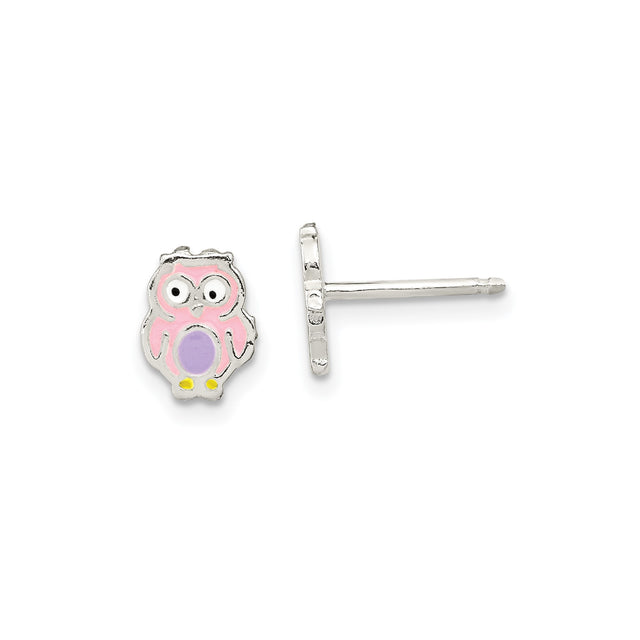 Sterling Silver Owl Stud Earrings with Pink and Purple Enamel Accents for Girls and Teens