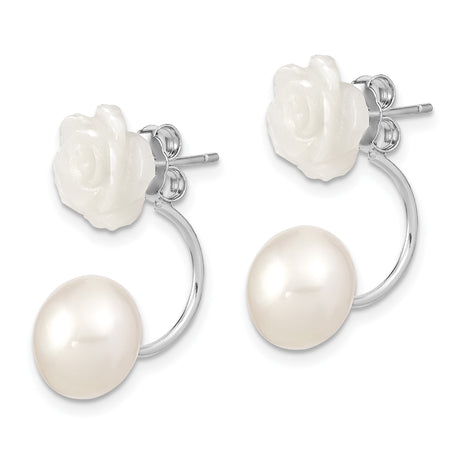 Sterling Silver Double Stud Earrings with Freshwater Pearl Drops and Carved Rose Design