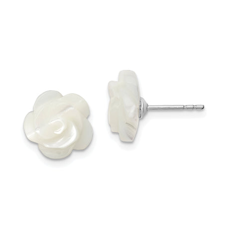 Sterling Silver Floral Stud Earrings with White Mother of Pearl Rose Design