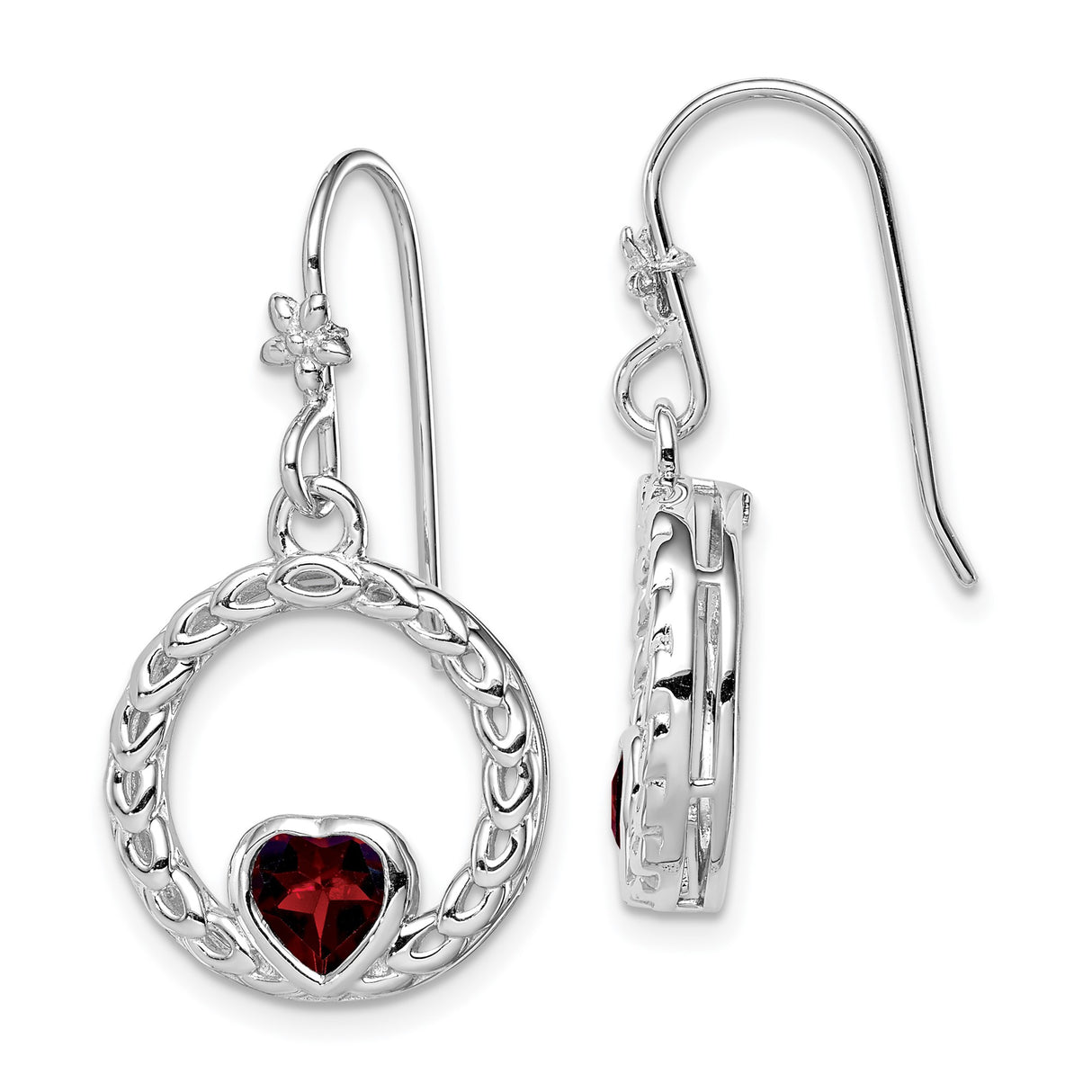 Sterling Silver Dangle Earrings with Garnet Heart, Open Circle Woven Design