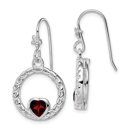 Sterling Silver Dangle Earrings with Garnet Heart, Open Circle Woven Design