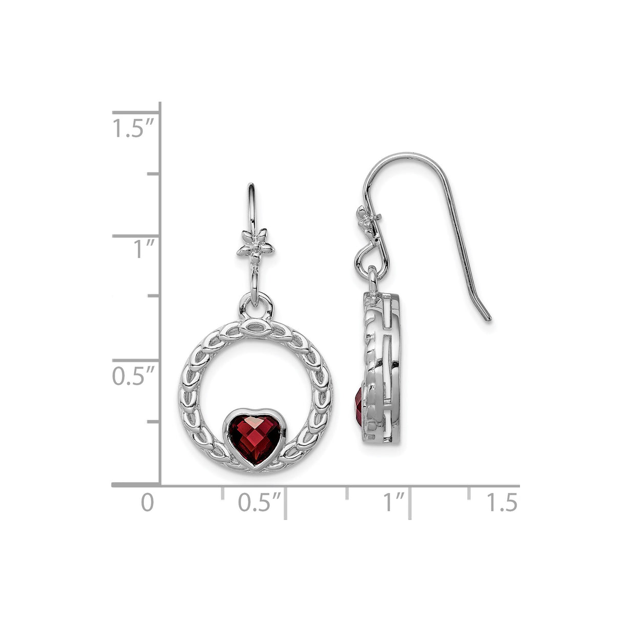 Sterling Silver Dangle Earrings with Garnet Heart, Open Circle Woven Design