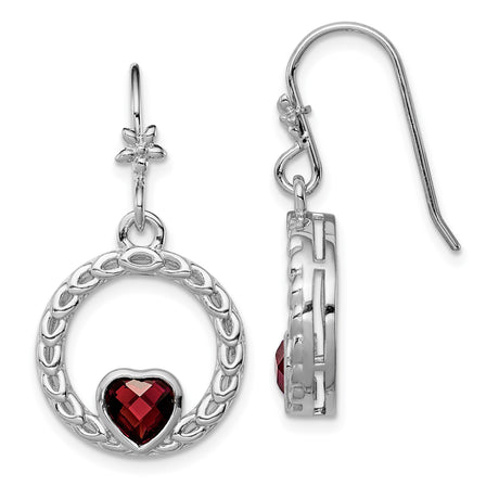 Sterling Silver Dangle Earrings with Garnet Heart, Open Circle Woven Design