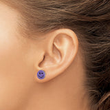 Sterling Silver Stud Earrings with Purple Enamel Winking Smiley Face Design