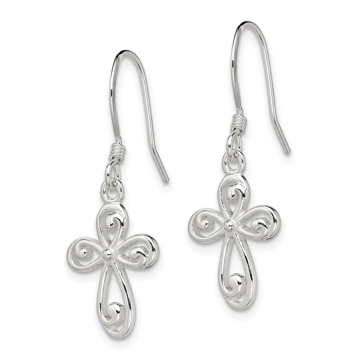 Sterling Silver Cross Dangle Earrings with Swirl Scrollwork Design and French Hooks