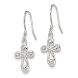 Sterling Silver Cross Dangle Earrings with Swirl Scrollwork Design and French Hooks
