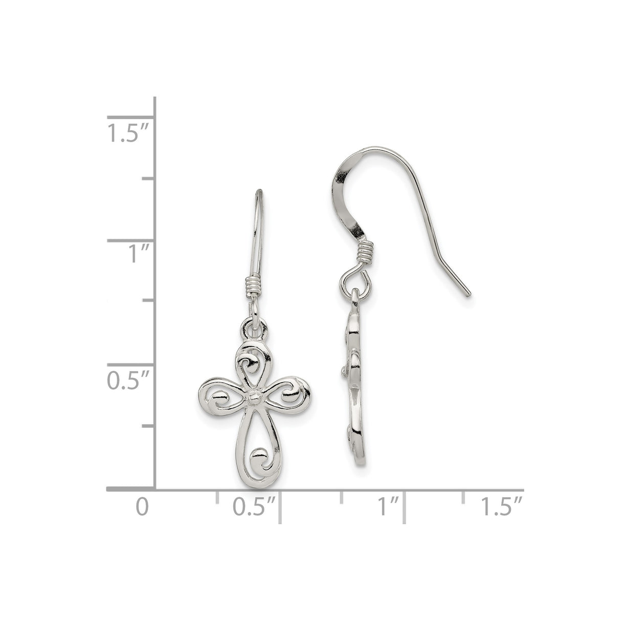Sterling Silver Cross Dangle Earrings with Swirl Scrollwork Design and French Hooks