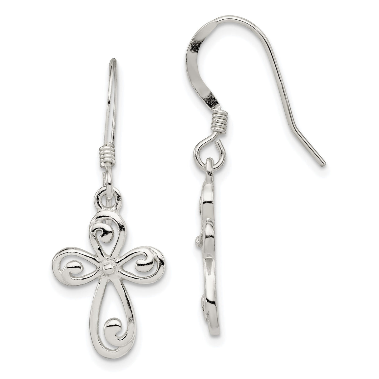 Sterling Silver Cross Dangle Earrings with Swirl Scrollwork Design and French Hooks