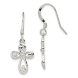 Sterling Silver Cross Dangle Earrings with Swirl Scrollwork Design and French Hooks