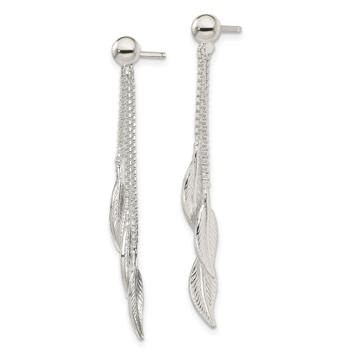 Sterling Silver Dangle Earrings with Triple Chain Drops and Textured Leaf Charms