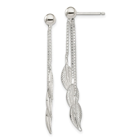 Sterling Silver Dangle Earrings with Triple Chain Drops and Textured Leaf Charms