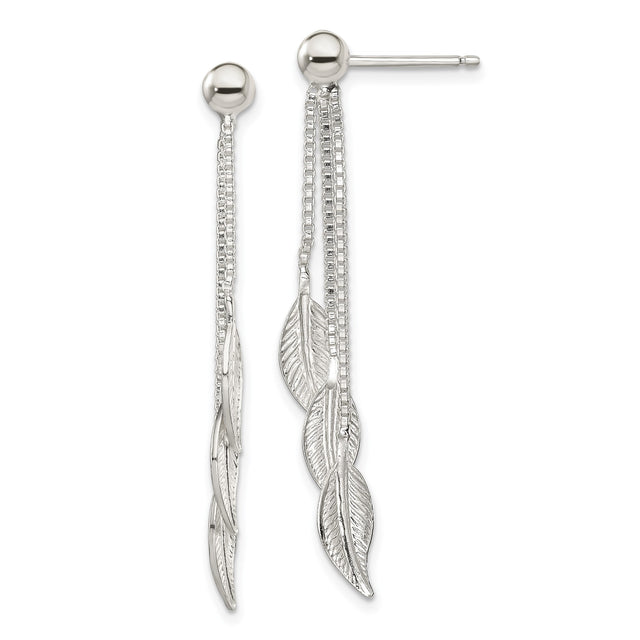 Sterling Silver Dangle Earrings with Triple Chain Drops and Textured Leaf Charms