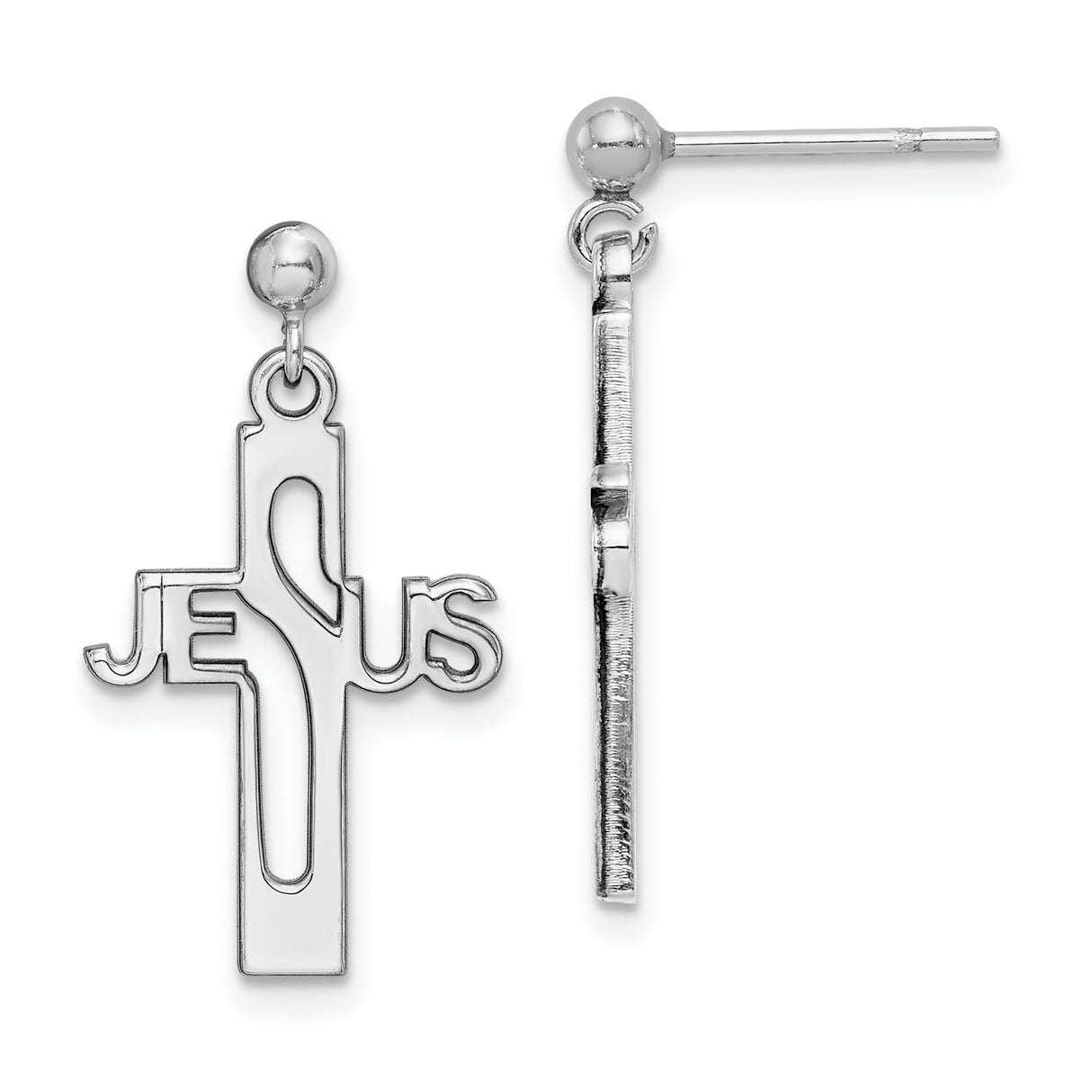 Sterling Silver Dangle Earrings with Jesus Cross Cut-Out Design and Polished Finish