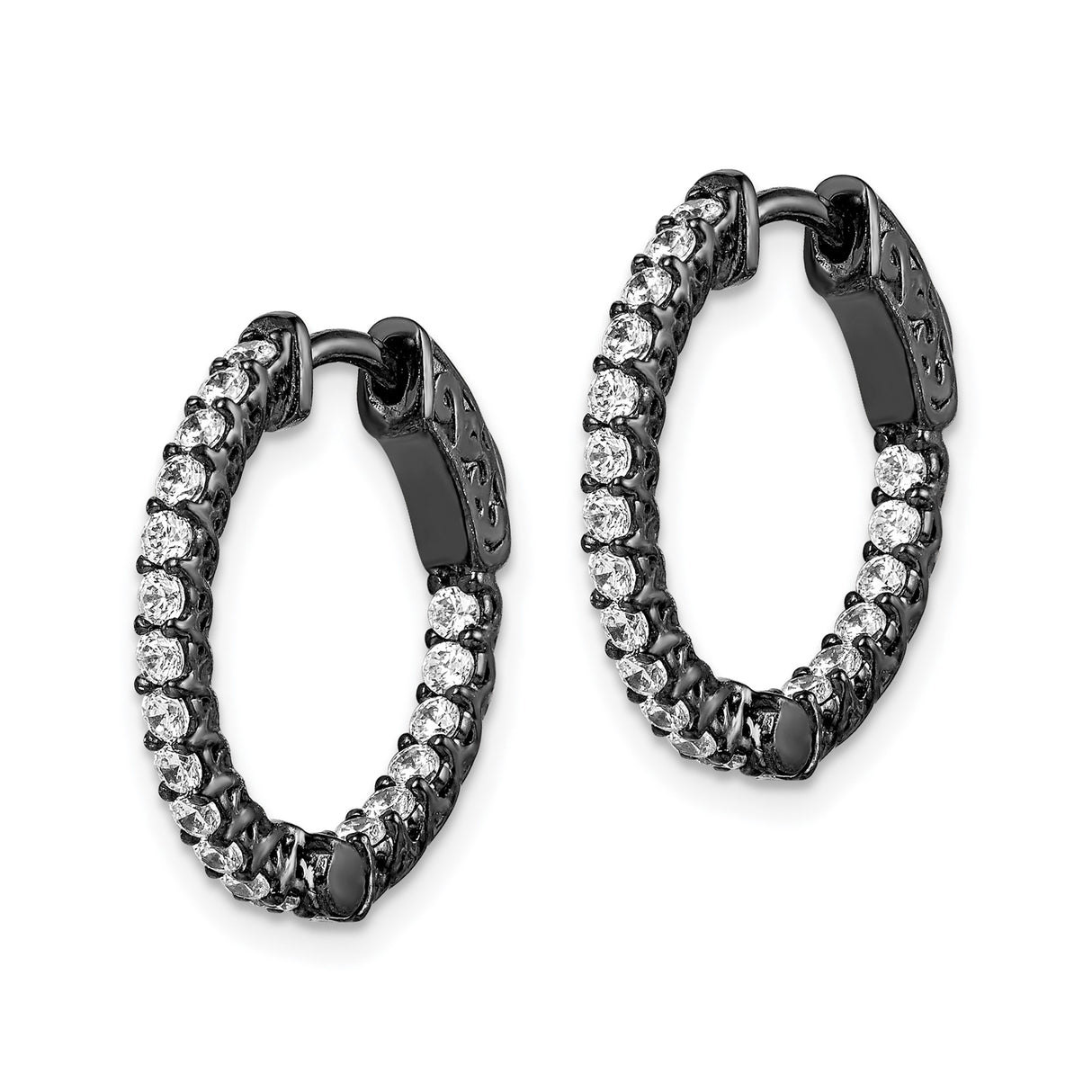 Sterling Silver Hoop Earrings with Cubic Zirconia, Black Plated, Scrollwork Back, Modern Dangle Style