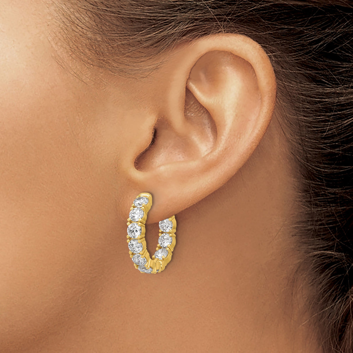 Sterling Silver Gold Plated Hoop Earrings with Round Cut Cubic Zirconia in Prong Setting