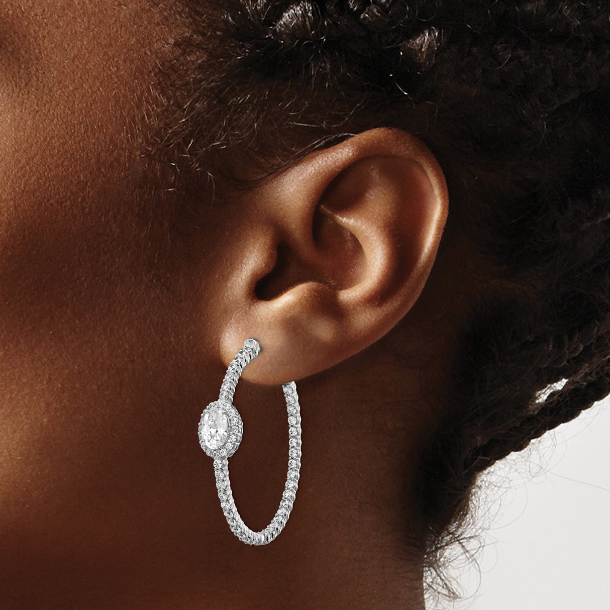 Sterling Silver Oval Hoop Earrings with Cubic Zirconia Pavé Design for Women