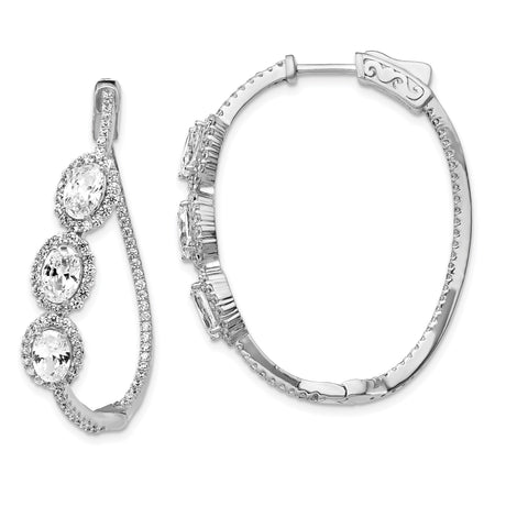 Sterling Silver Oval Hoop Earrings with Cubic Zirconia and Pavé Halo Accents