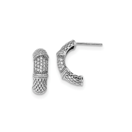 Sterling Silver Hoop Earrings with Cubic Zirconia, Textured Woven Design, Medium Size