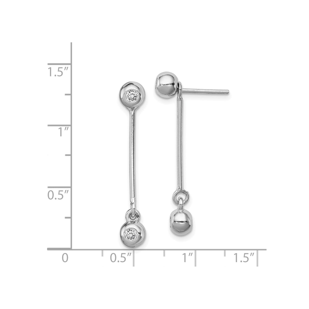 Sterling Silver Drop Earrings with Cubic Zirconia, Linear Bar and Polished Ball Design