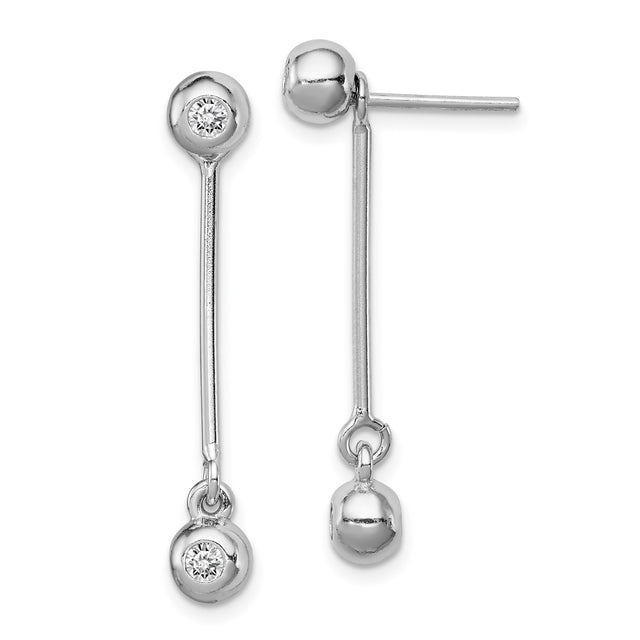 Sterling Silver Drop Earrings with Cubic Zirconia, Linear Bar and Polished Ball Design