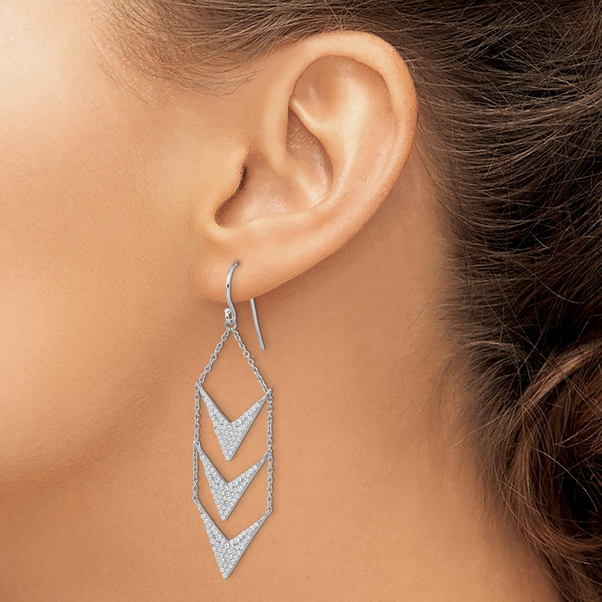 Sterling Silver Chevron Dangle Earrings with Cubic Zirconia, Geometric Arrowhead Design
