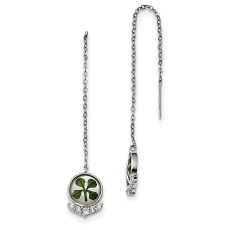 Sterling Silver Threader Earrings with Real Four-Leaf Clover and Cubic Zirconia Accents