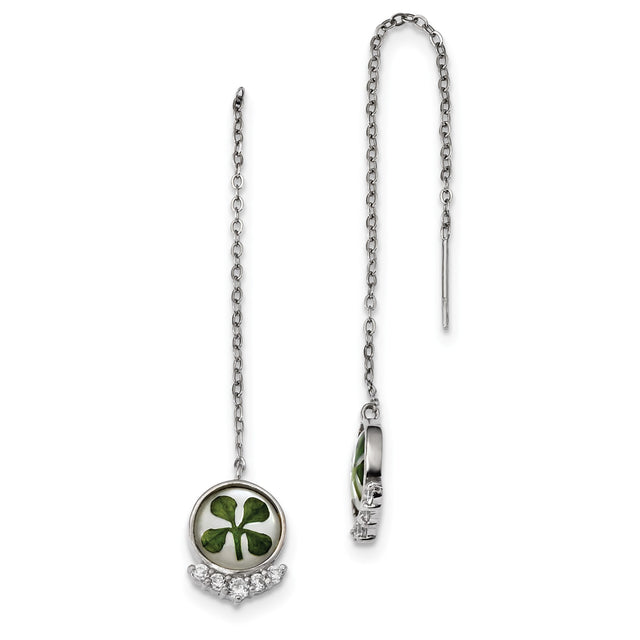 Sterling Silver Threader Earrings with Real Four-Leaf Clover and Cubic Zirconia Accents