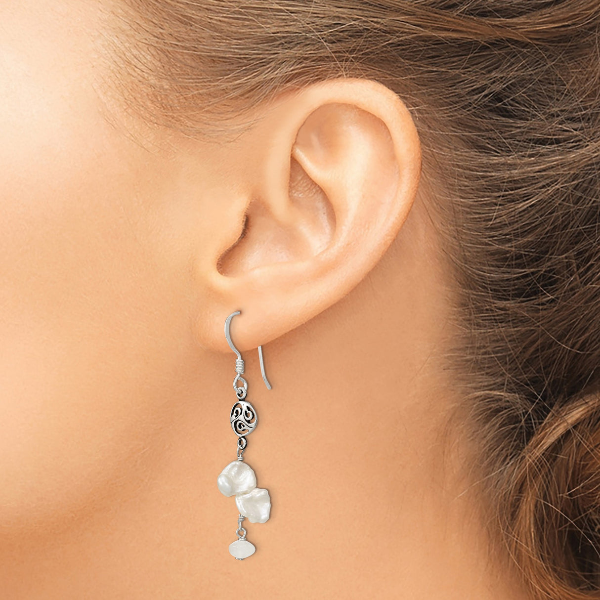 Sterling Silver Dangle Earrings with Freshwater Pearls, Celtic Triskelion Drop Design for Women