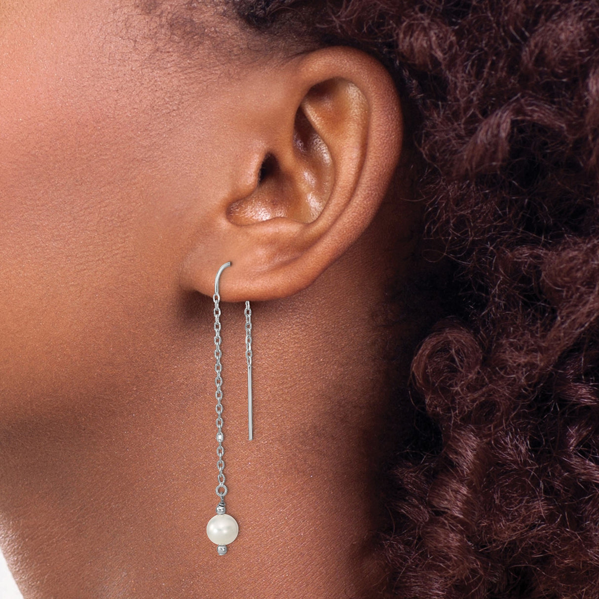 Sterling Silver Threader Earrings with Freshwater Pearls, Long Chain Drop Design for Women