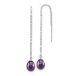 Sterling Silver Threader Earrings with Purple Freshwater Pearls, Long Chain Drop Design