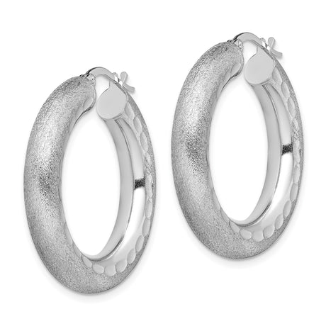 Sterling Silver Hoop Earrings with Textured Brushed Finish and Polished Oval Accents
