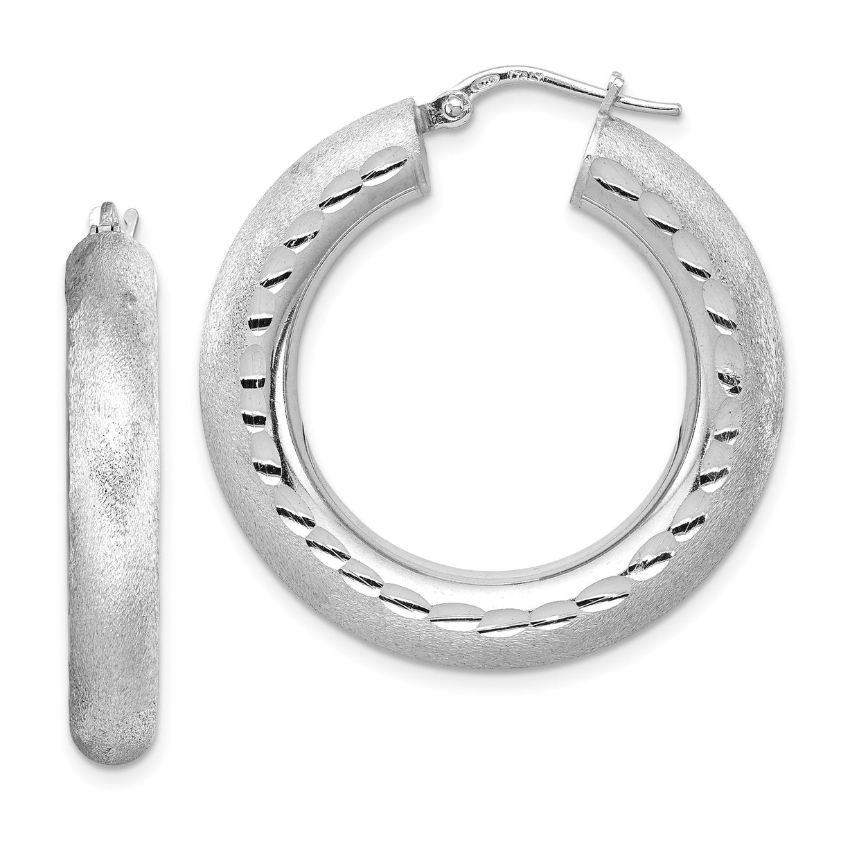 Sterling Silver Hoop Earrings with Textured Brushed Finish and Polished Oval Accents