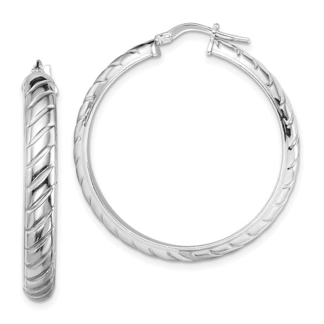 Sterling Silver Hoop Earrings with Twisted Diagonal Groove Design, Lightweight Polished Finish