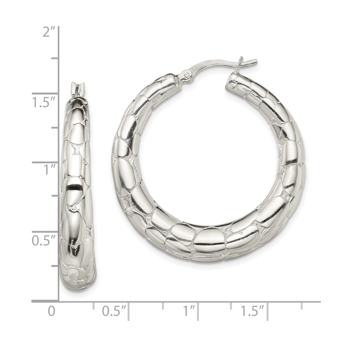 Sterling Silver Hoop Earrings with Segmented Scale Texture, Reptile Pattern Design