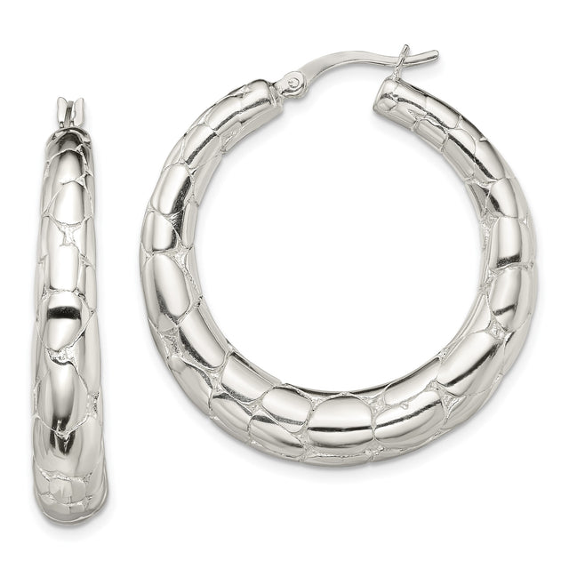 Sterling Silver Hoop Earrings with Segmented Scale Texture, Reptile Pattern Design