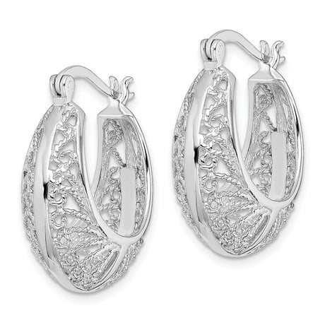 Sterling Silver Filigree Hoop Earrings with Leaf Design, Vintage Bohemian Openwork Pattern