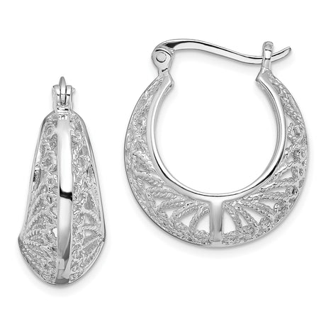 Sterling Silver Filigree Hoop Earrings with Leaf Design, Vintage Bohemian Openwork Pattern