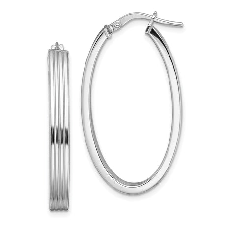 Sterling Silver Oval Hoop Earrings with Sleek Ribbed Texture, Lightweight Modern Design for Women