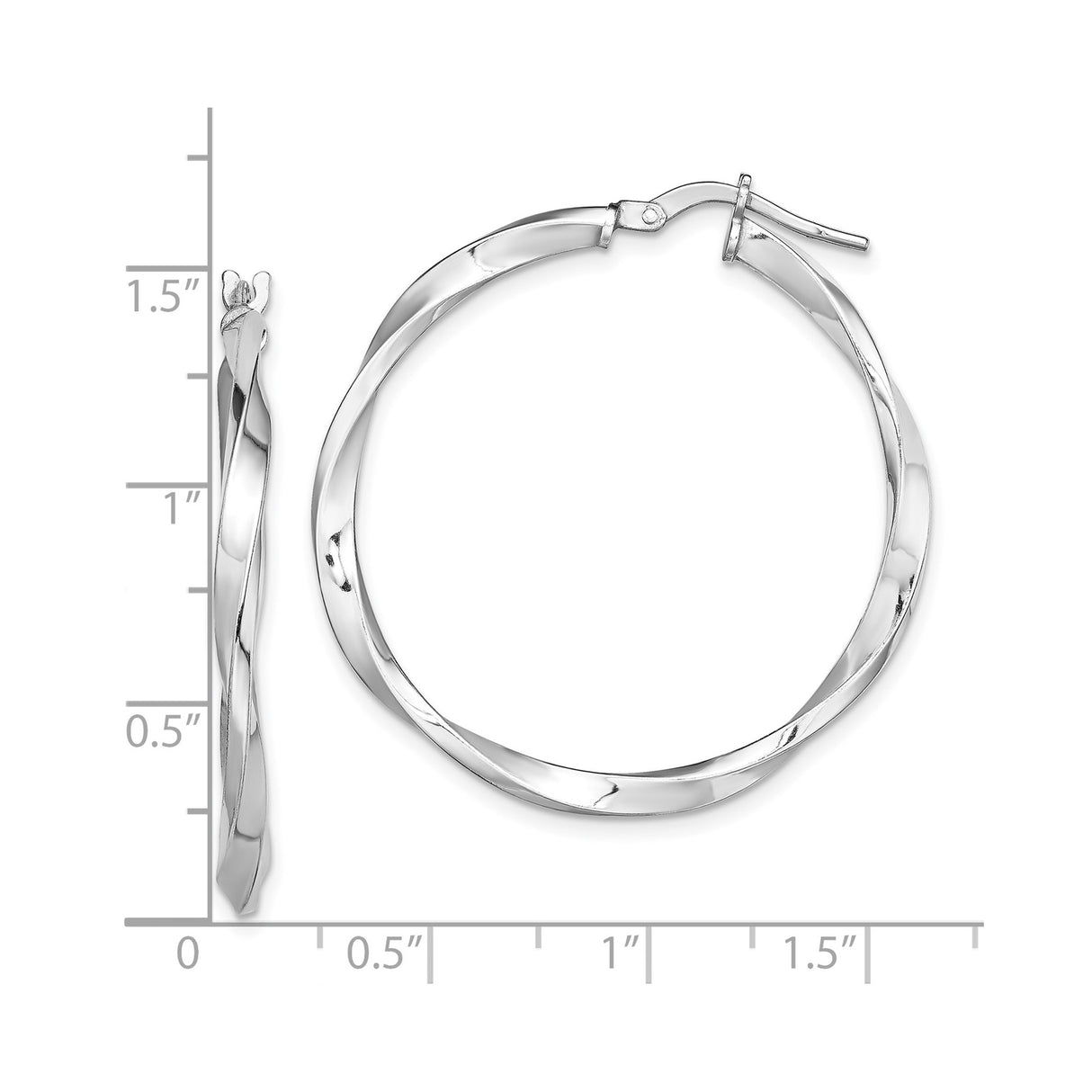 Sterling Silver Twisted Hoop Earrings, Rhodium Plated Polished Tube Design for Women