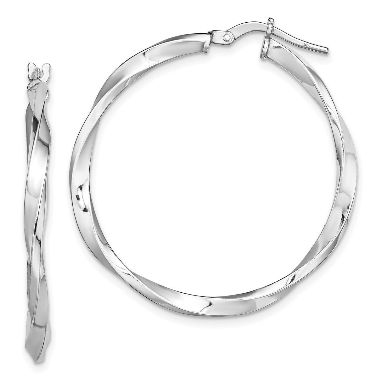 Sterling Silver Twisted Hoop Earrings, Rhodium Plated Polished Tube Design for Women