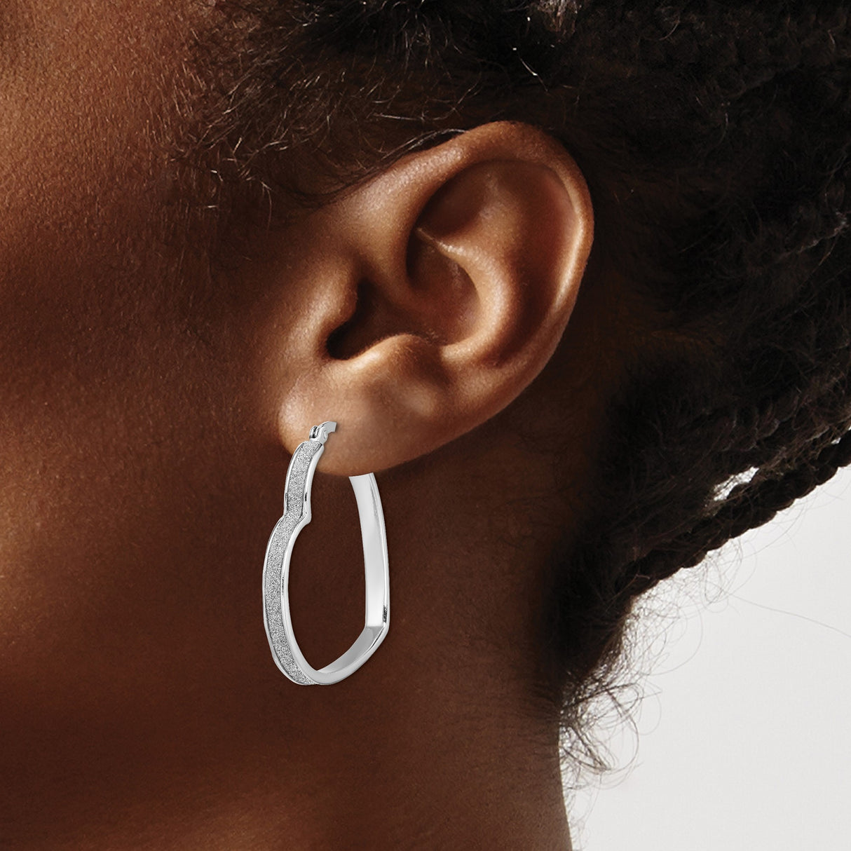 Sterling Silver Heart Hoop Earrings with Polished Finish and Shimmer Texture for Women