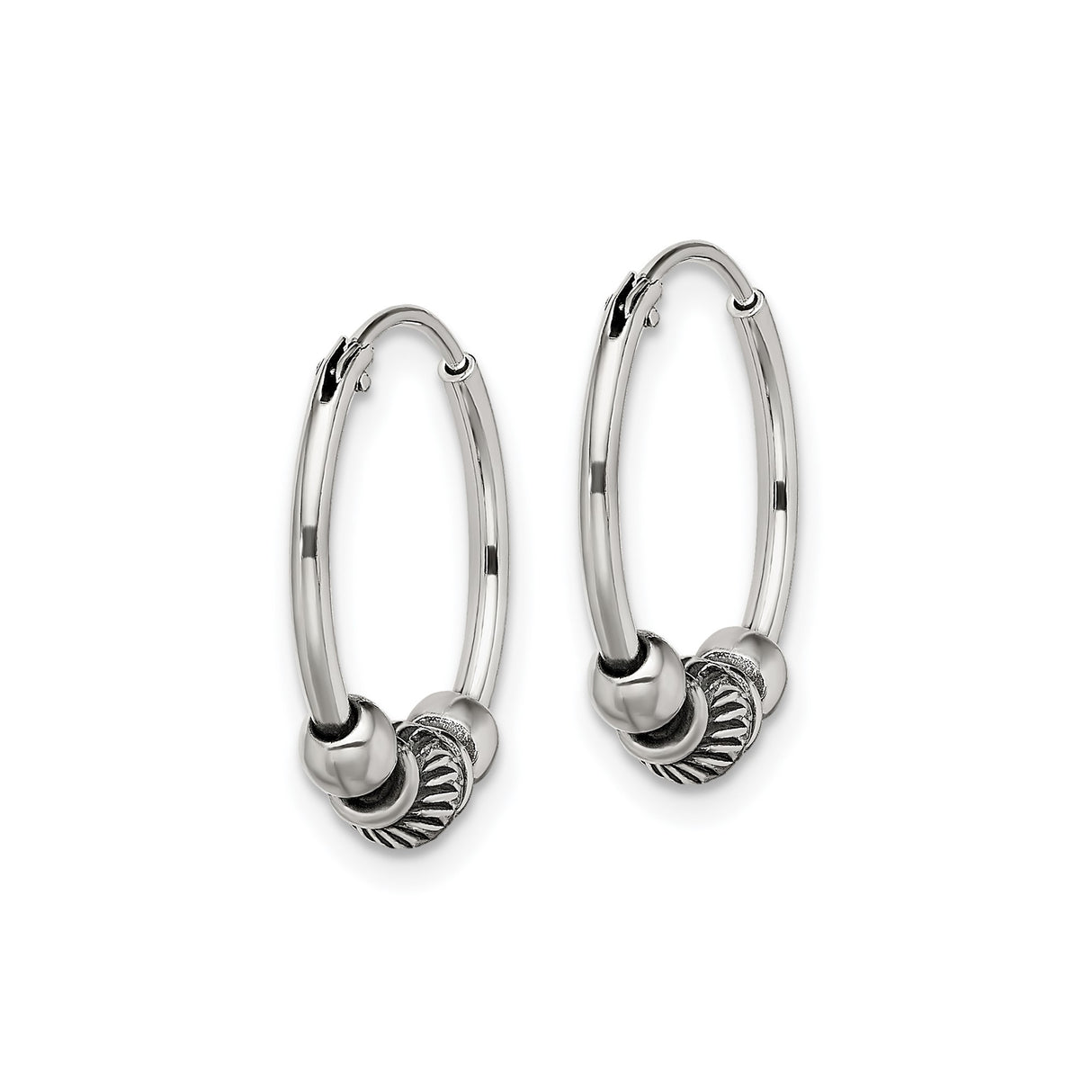 Sterling Silver Hoop Earrings with Ridged Bead and Polished Accents, Boho Style for Women