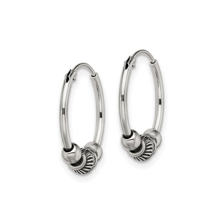 Sterling Silver Hoop Earrings with Ridged Bead and Polished Accents, Boho Style for Women