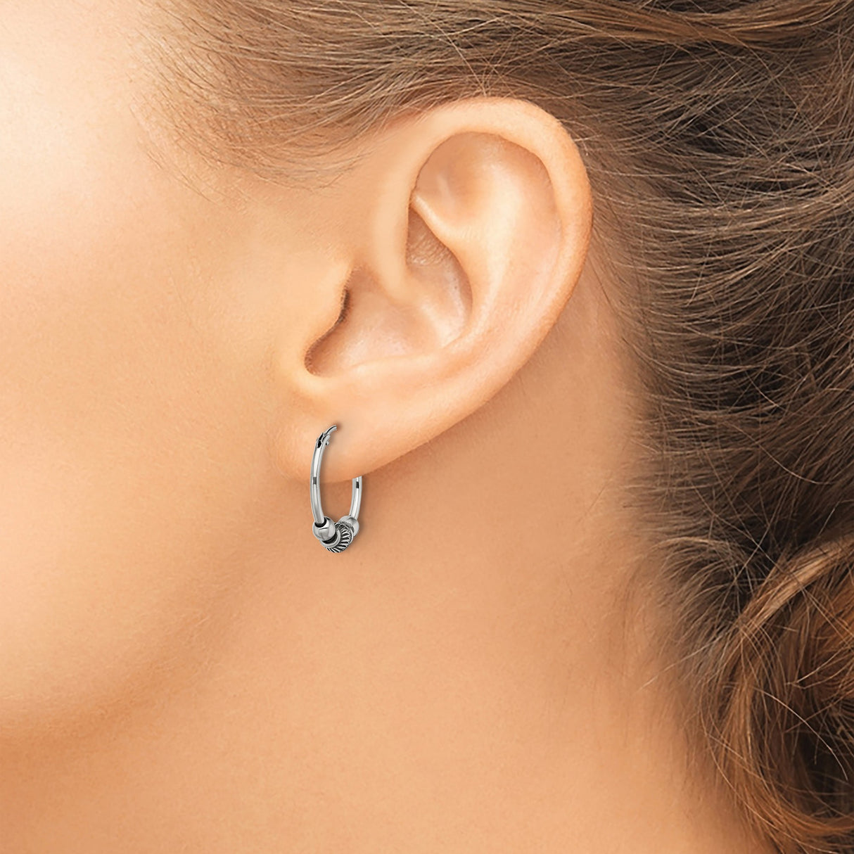 Sterling Silver Hoop Earrings with Ridged Bead and Polished Accents, Boho Style for Women