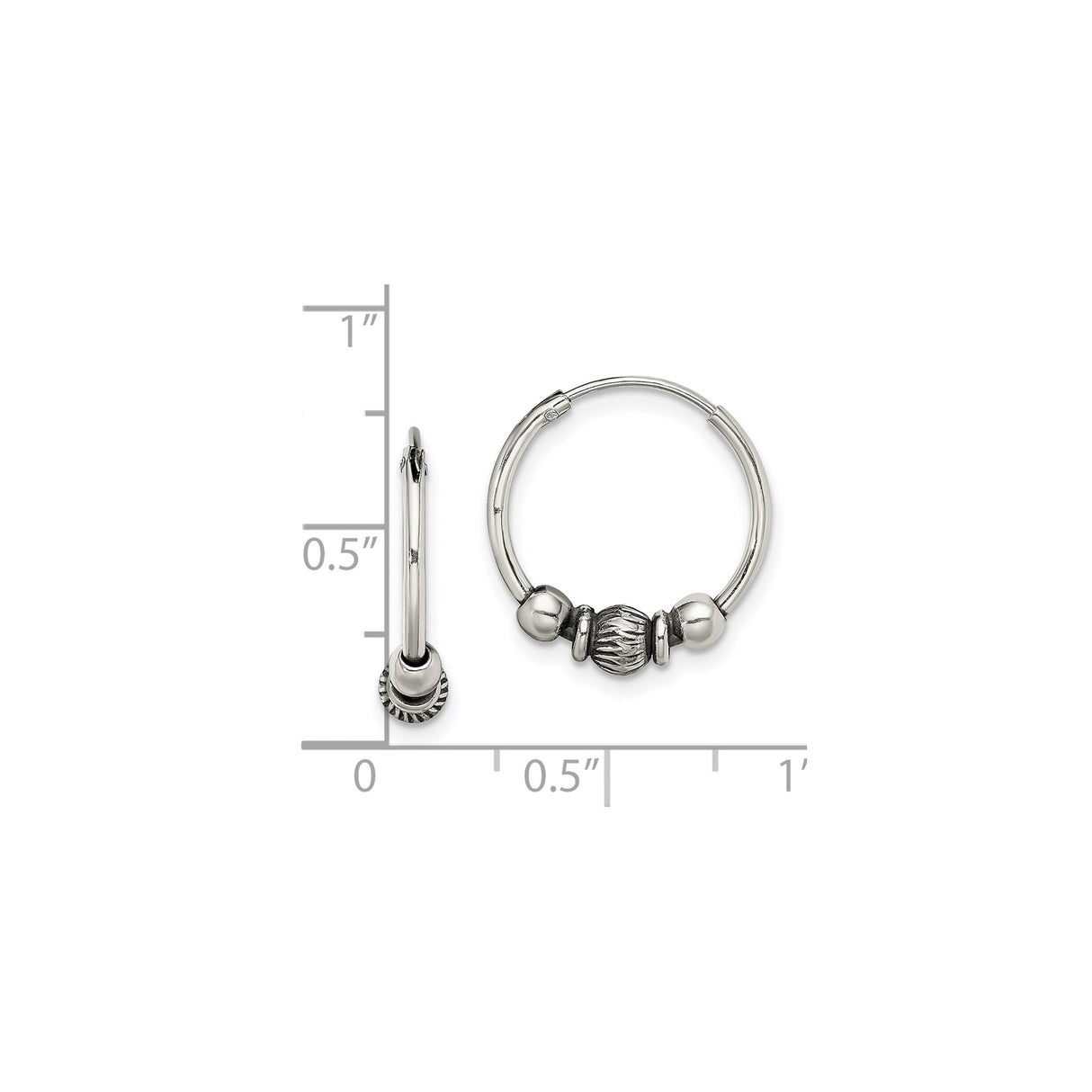 Sterling Silver Hoop Earrings with Ridged Bead and Polished Accents, Boho Style for Women