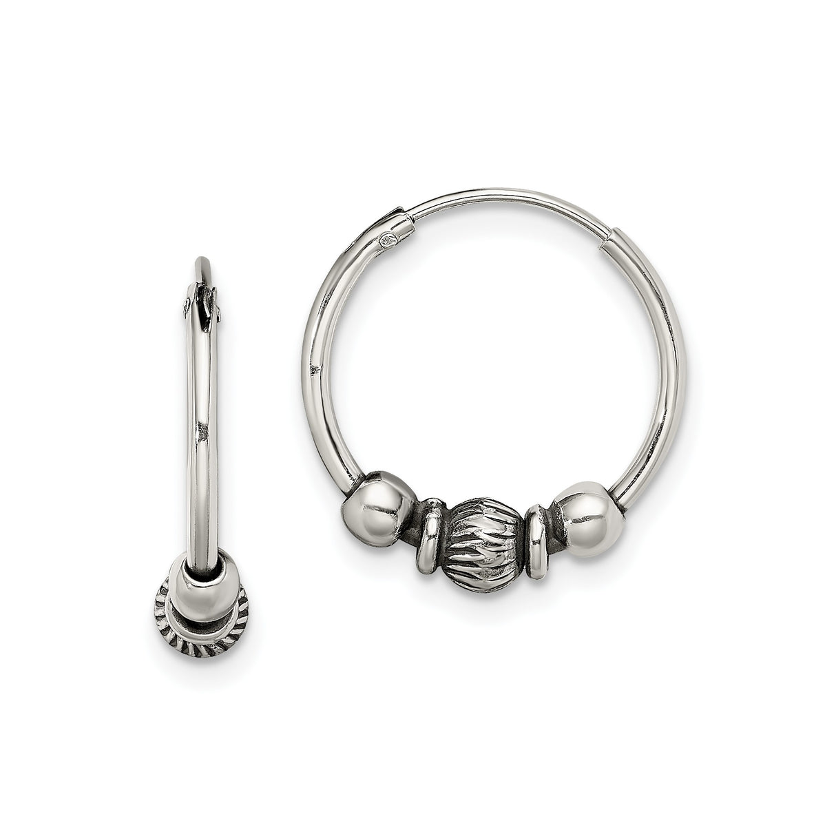 Sterling Silver Hoop Earrings with Ridged Bead and Polished Accents, Boho Style for Women