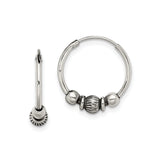 Sterling Silver Hoop Earrings with Ridged Bead and Polished Accents, Boho Style for Women