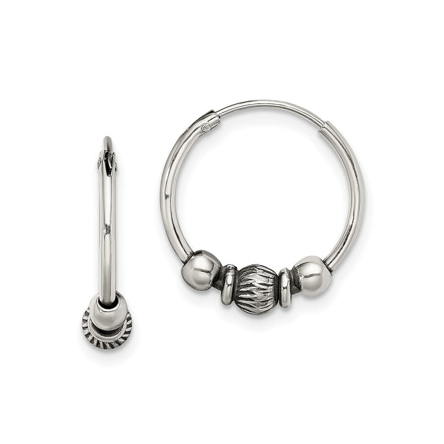 Sterling Silver Hoop Earrings with Ridged Bead and Polished Accents, Boho Style for Women