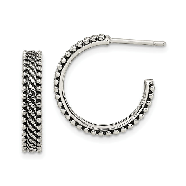 Sterling Silver Hoop Earrings with Beaded Edge and Twisted Rope Design, Vintage Boho Style