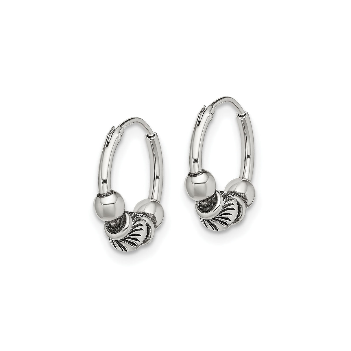 Sterling Silver Hoop Earrings with Tribal Beaded Design and Oxidized Detailing